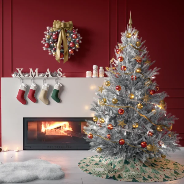 Cream bauble skirt at the base of a tree, red paneled walls behind