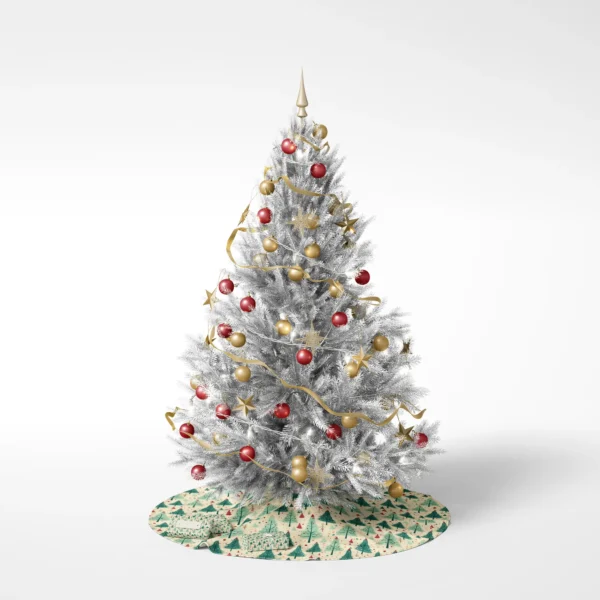 White-backed photo of a decorated tree set on the cream bauble skirt