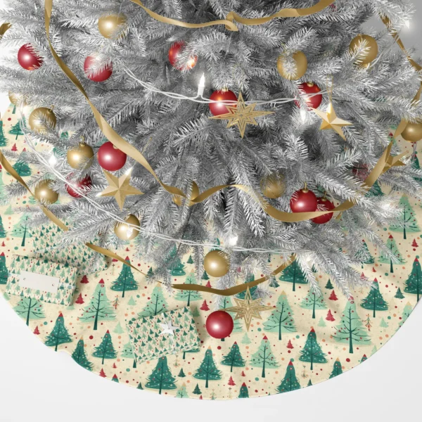 Bauble tree skirt in cream under twinkling lights and wrapped boxes