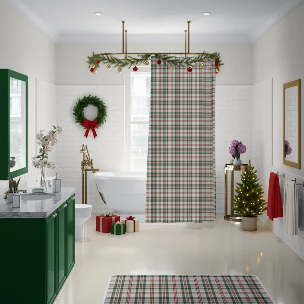 Cream plaid bath mat in front of the matching shower curtain and a freestanding tub