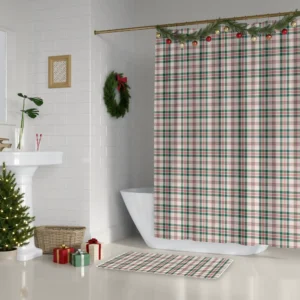 Cream plaid Christmas shower curtain beside a white tub, with a wreath and a small lit tree