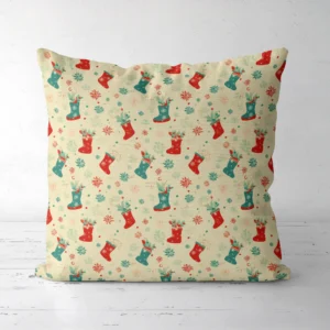 Cream Christmas stocking pillow, front facing on a white floor
