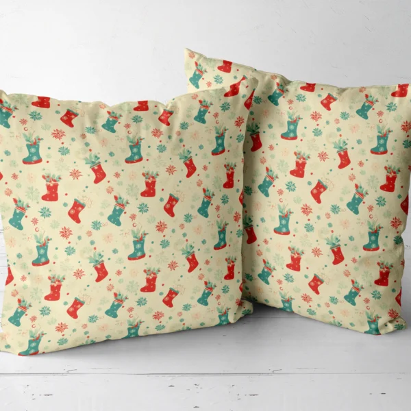 Two cream stocking throw pillows arranged together
