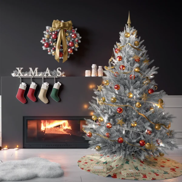 Cream stocking skirt with a tree in a living room with charcoal walls