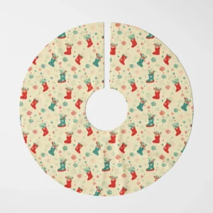 Cream Christmas stocking tree skirt lying flat in a bird's-eye view on white