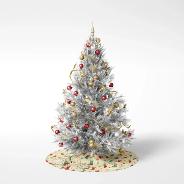 Tree with ornaments on white, positioned on the cream stocking skirt