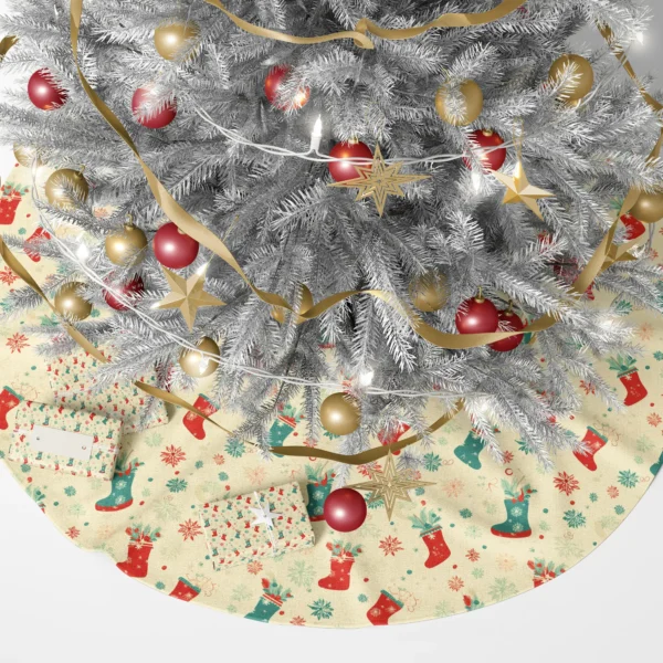 Cream stocking skirt beneath a lit tree and wrapped gifts