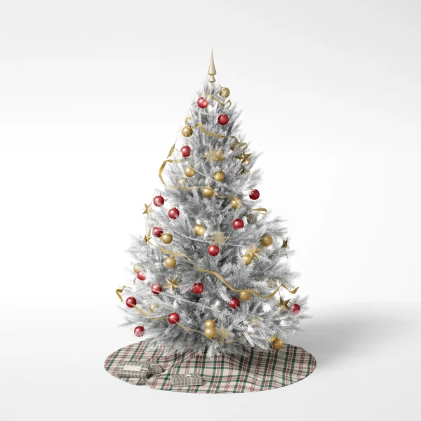 Decorated tree on white standing on the cream plaid skirt