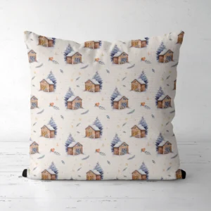 Cream snowy cabin pillow on a white floor, front facing