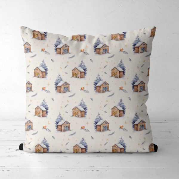 Cream snowy cabin pillow on a white floor, front facing