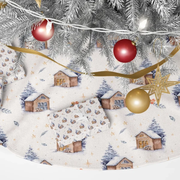 Close-up of the cream skirt under a silver tree: snowy cabins, firewood stacks, blue firs and a wrapped gift