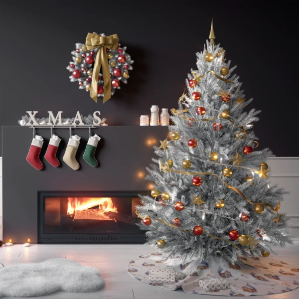 Tree on the cream snowy cabin skirt in a living room with charcoal walls