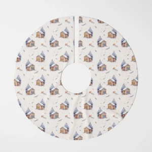 Cream snowy cabin tree skirt flat from above on white, watercolor cabins and blue firs