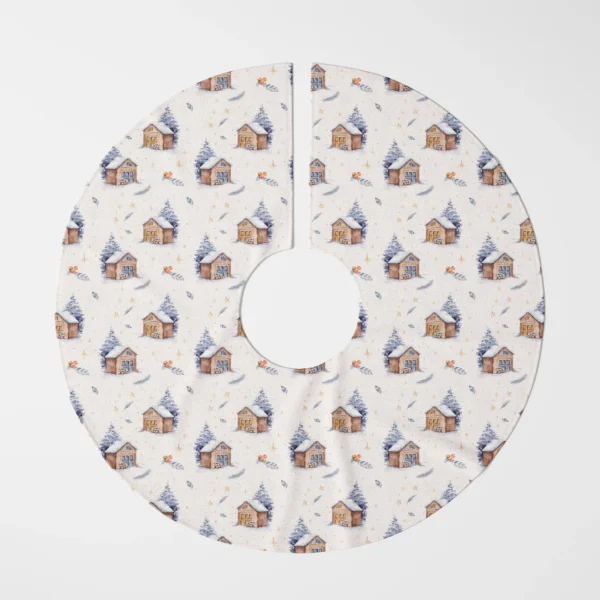 Cream snowy cabin tree skirt flat from above on white, watercolor cabins and blue firs