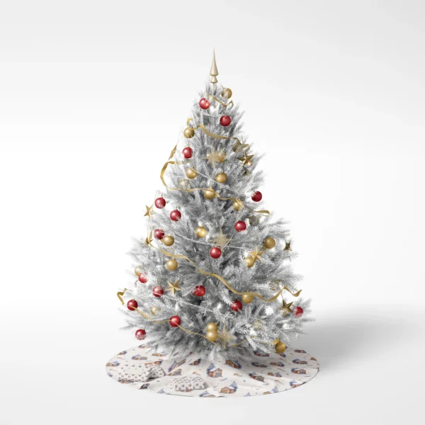 White-background photo of a decorated tree standing on the cream cabin skirt