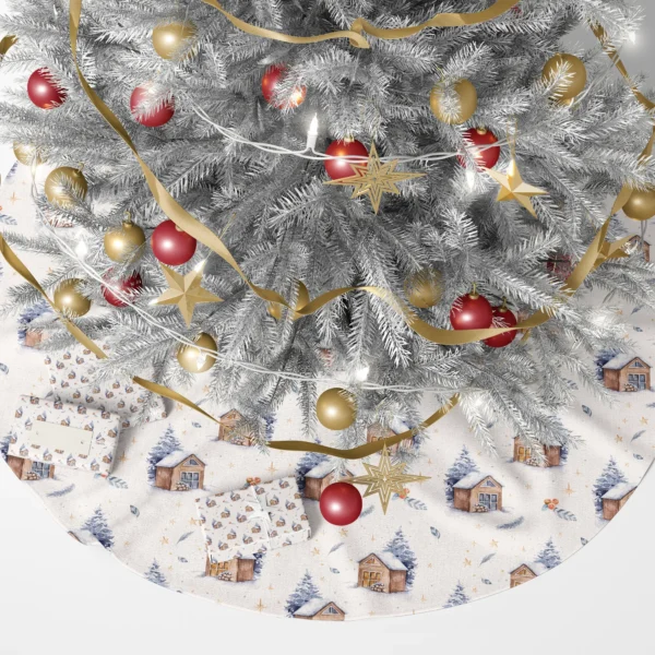 Snowy cabin tree skirt beneath a lit tree with gift boxes