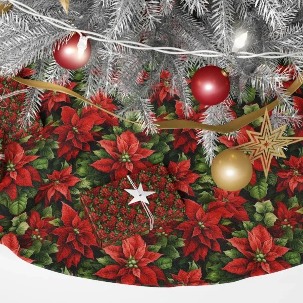 Close-up of the print: scarlet poinsettia with round green buds among near-black leaves