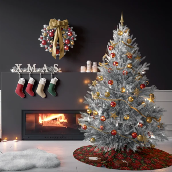Tree on the dark green poinsettia skirt in a living room with charcoal walls