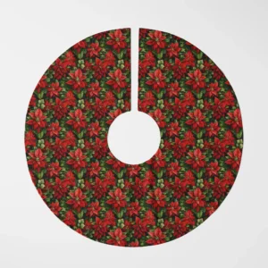 Dark green poinsettia tree skirt laid flat, top view on white, crowded scarlet blooms on dark leaves