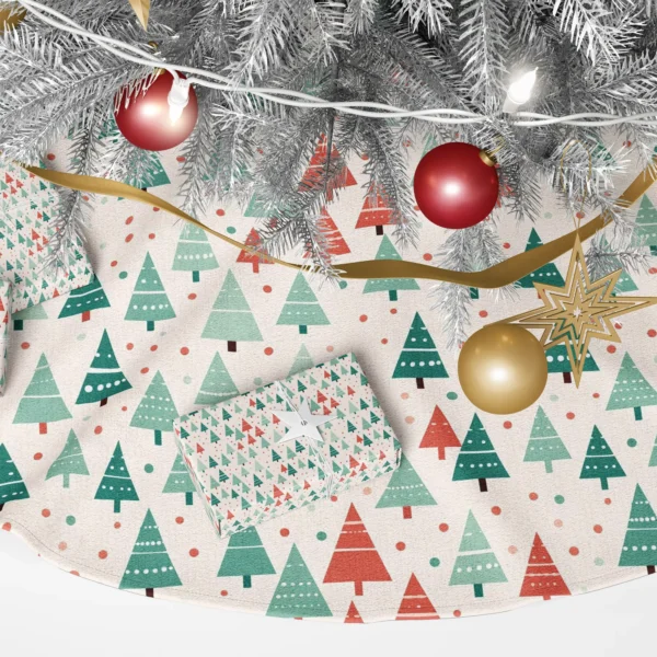 Zoomed view of teal, mint and red triangle trees with white dot garlands