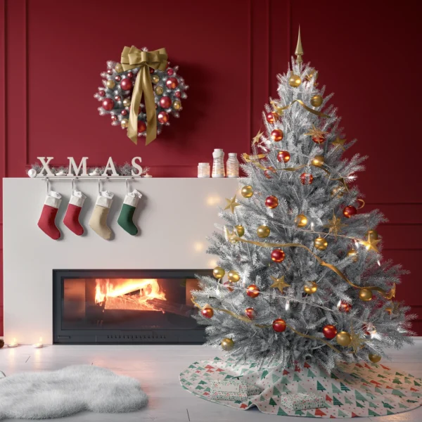 Tree on the white dotted skirt in a living room with red paneled walls