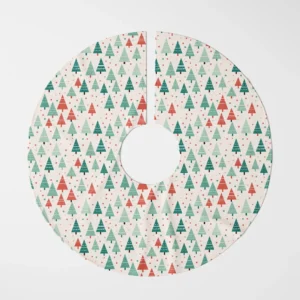 Overhead flat view of the white dotted tree skirt against white