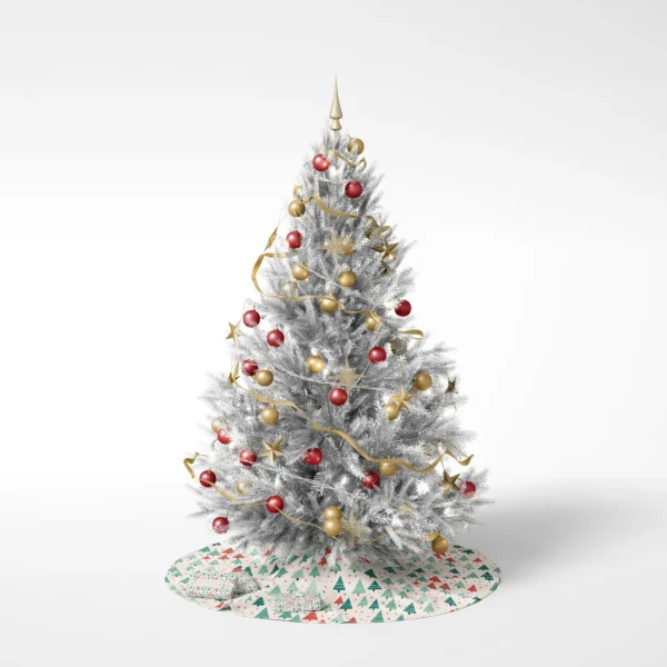 Ornament-covered tree on white, set on the dotted tree skirt