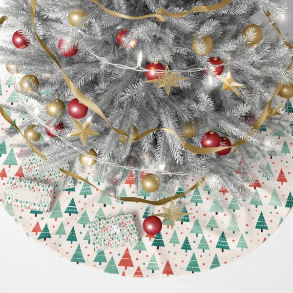Lit tree and wrapped presents over the white polka dot tree skirt