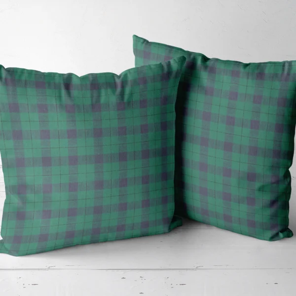 Two emerald and navy check throw pillows side by side