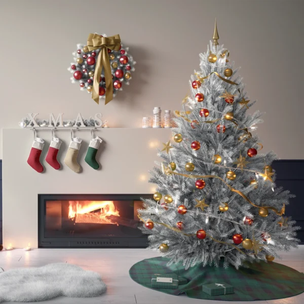 Tree on the emerald and navy check skirt in a living room with cream plaster walls