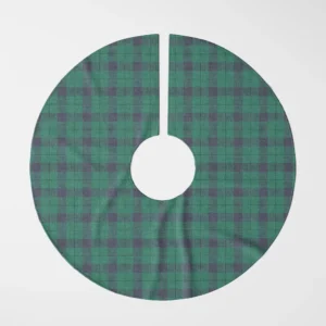 Emerald and navy check tree skirt laid flat, top view of green squares and navy bands