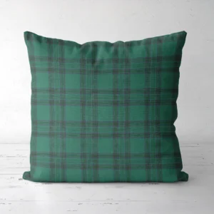Emerald green tartan Christmas pillow, front view, even green check with plum lines