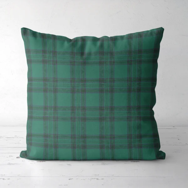 Emerald green tartan Christmas pillow, front view, even green check with plum lines