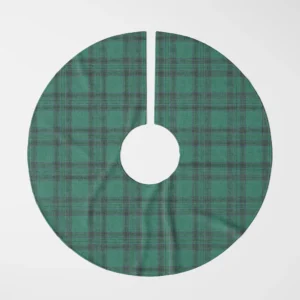 Emerald green tartan tree skirt laid flat, top view of an even green check