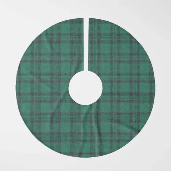 Emerald green tartan tree skirt laid flat, top view of an even green check