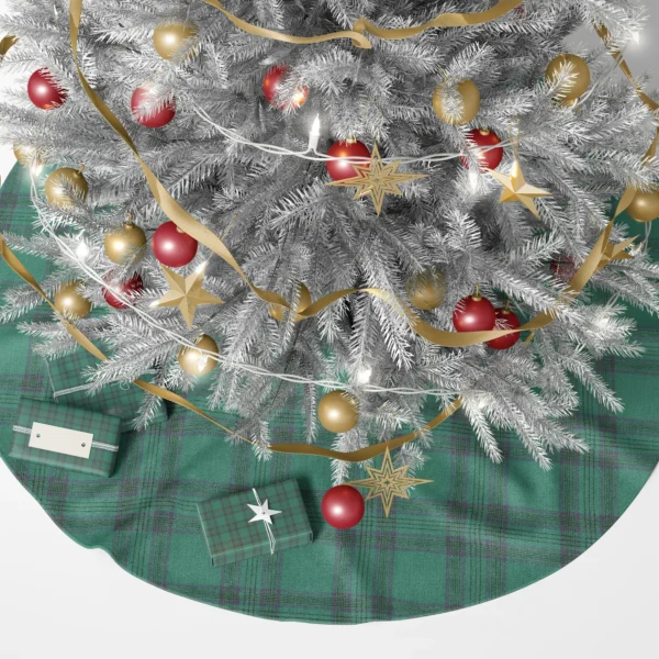 Green tartan tree skirt under a lit Christmas tree with wrapped presents