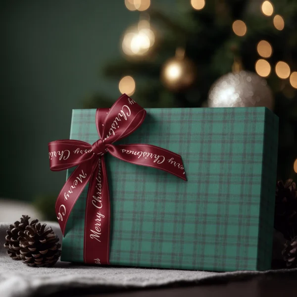 Box wrapped in emerald green tartan paper with a satin ribbon bow, Christmas tree lights behind