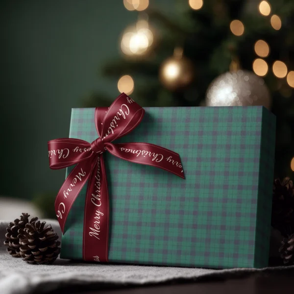 Box wrapped in emerald and navy check paper with a satin ribbon bow, Christmas tree lights behind