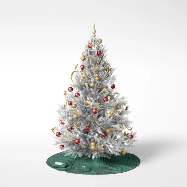 Decorated Christmas tree on a white background on the emerald windowpane skirt
