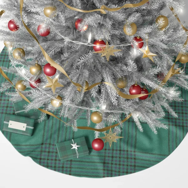 Tweed-look green tree skirt under a lit Christmas tree with presents