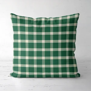 Evergreen gingham Christmas pillow facing forward, green and sage check