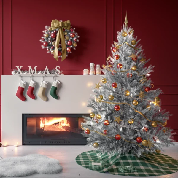 Tree on the evergreen gingham skirt in a living room with red paneled walls