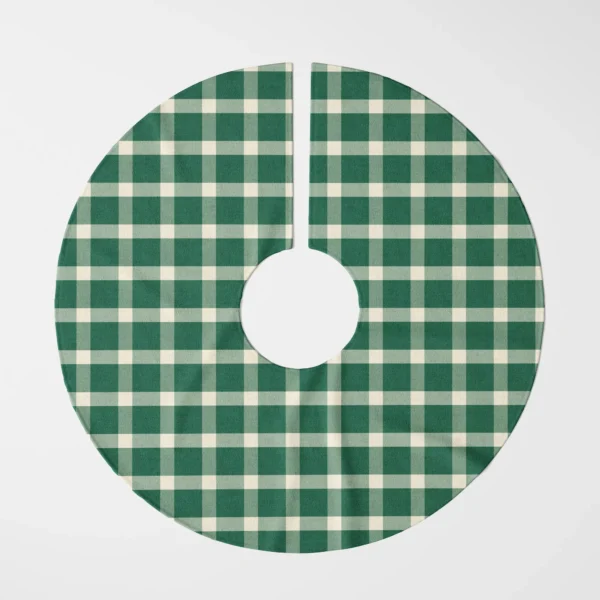 Evergreen gingham tree skirt shown flat from above, green and sage check
