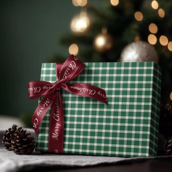 Box wrapped in evergreen gingham paper with a satin ribbon bow, Christmas tree lights behind