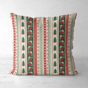 Folk border Christmas pillow, front view, decorative bands on cream