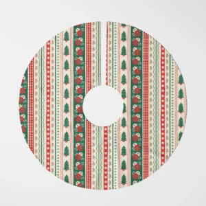 Folk border tree skirt laid flat, top view of tree, flower and gingham bands on cream