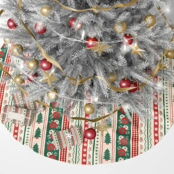 Scandinavian folk tree skirt under a lit Christmas tree with presents
