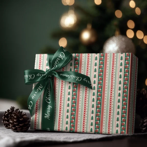 Box wrapped in folk border paper with a satin ribbon bow, Christmas tree lights behind