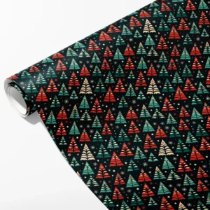 Roll of black wrapping paper with red, teal and cream folk Christmas trees and starbursts, partly unrolled on white