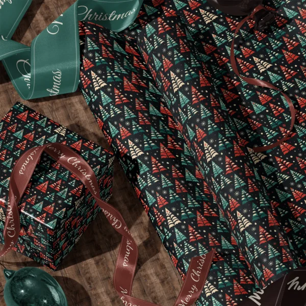 A sheet of black folk tree gift wrap and a wrapped box with satin ribbons on a wooden floor